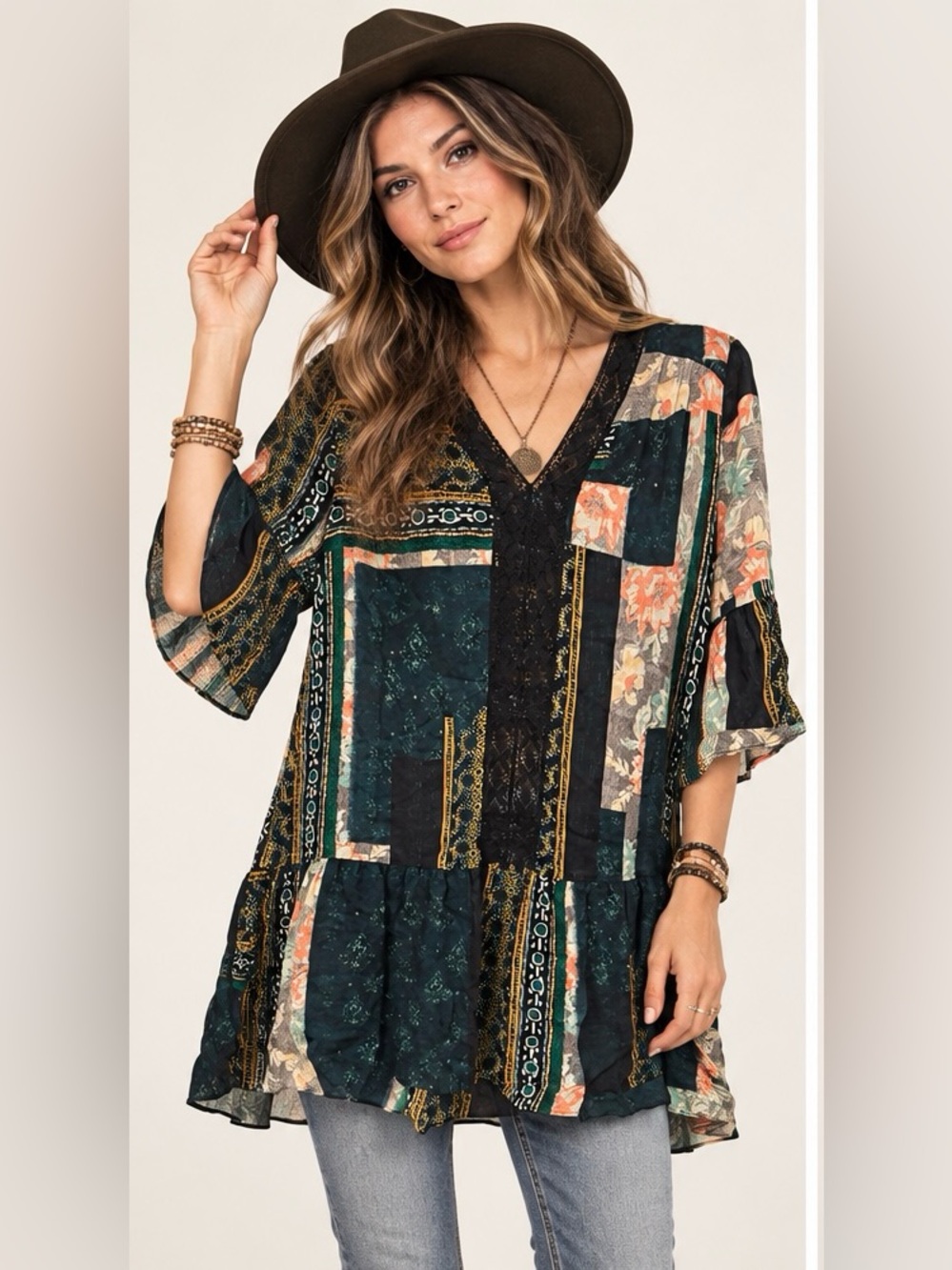 Maeve Teal Multi patchwork Boho Print V-Neck Tunic Black Lace Trim XS Petite